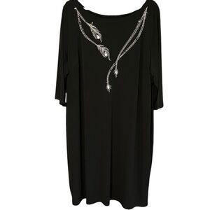 Bob Mackie Art Deco Black Short Sleeve Shift Dress Silver Sequins & Jewels Detai